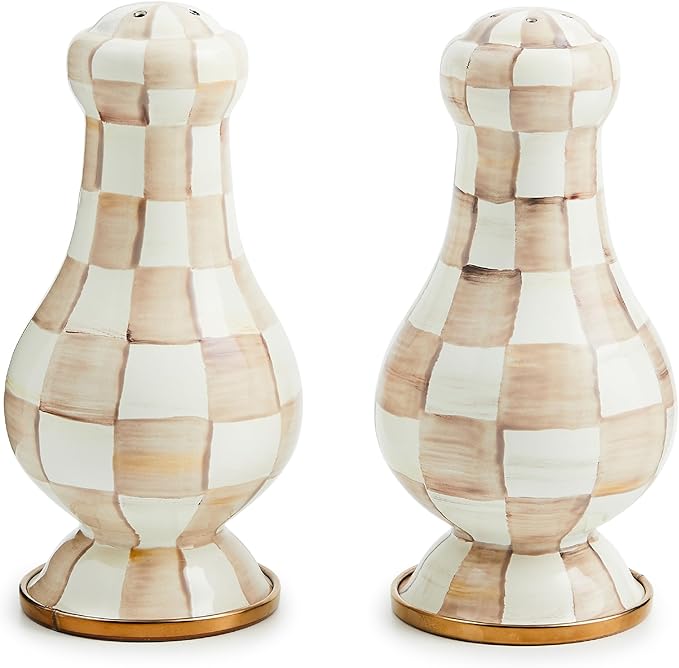 MACKENZIE-CHILDS Enamel Salt and Pepper Shakers, Kitchen Table Spice Shaker Set, Brown-and-White Mocha Check, Large