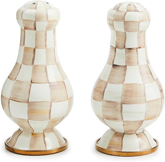 MACKENZIE-CHILDS Enamel Salt and Pepper Shakers, Kitchen Table Spice Shaker Set, Brown-and-White Mocha Check, Large