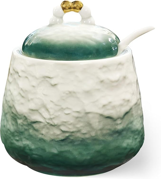 Ceramic Sugar Bowl with Lid and Spoon,12oz Sugar Bowl with Gradient Texture, Sugar Container with Lid and Spoon Sugar Jar for Coffee Station Accessories,Dishwasher & Microwave Safe,Green