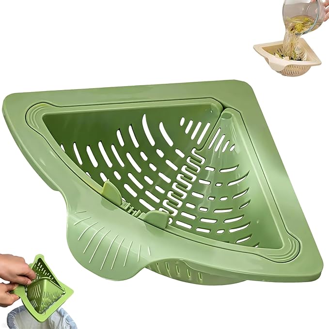 Magnetic Drainage & Filter Basket 2.0 Design, Corner Sink Strainer with Twist-Open Bottom, Triangular Drain Basket for Food Scraps & Rinsing Produce, Fits Metal Sinks (Green)