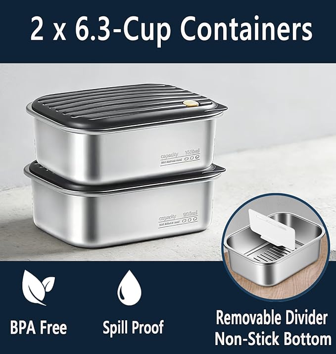 2 x 6.3-Cup Cordless Electric Heated Lunch Box, 100W Rechargeable Portable Food Warmer for Adults Work Travel Car - Battery-Powered & Self-Heating