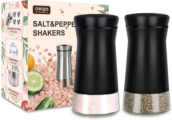 Black Salt and Pepper Shakers with Adjustable Pour Holes, Farmhouse Glass Salt Shaker with Stainless Steel Lids, Refillable Shaker by Aelga, Ideal for Himalayan, Kosher and Black Pepper