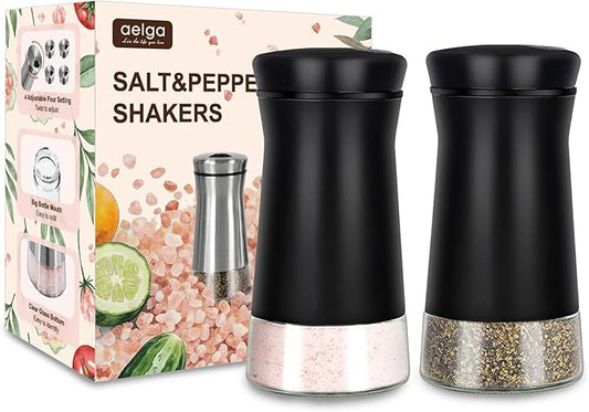 Black Salt and Pepper Shakers with Adjustable Pour Holes, Farmhouse Glass Salt Shaker with Stainless Steel Lids, Refillable Shaker by Aelga, Ideal for Himalayan, Kosher and Black Pepper