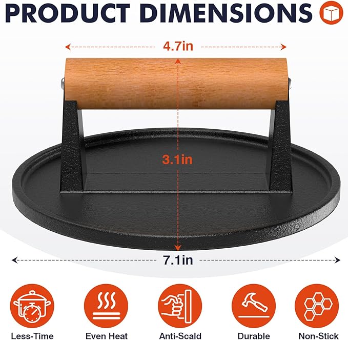 LLAMA VIVA 7.1" Smash Burger Press, Cast Iron Grill Press with Short Wood Handle - Round, Juicy and Crispy Burgers for BBQs, Cookouts - 1Pcs
