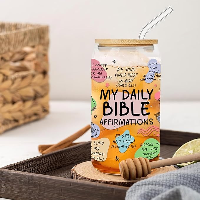 16 Oz Bible Verse Coffee Mug for Women Daily Bible Affirmations Glass Cup with Lid & Straw Women of the Bible Drink Cup Inspirational Mother’s Day Religious Christian Gifts for Mom Aunt Nana