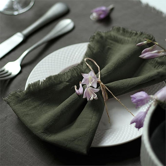 Handmade Cloth Napkins 100% Cotton Napkins with Fringe，Delicate Handmade Cloth Napkins for Dinners, Parties, Weddings and More，18 x 18 Inch Set of 12 - Olive Green