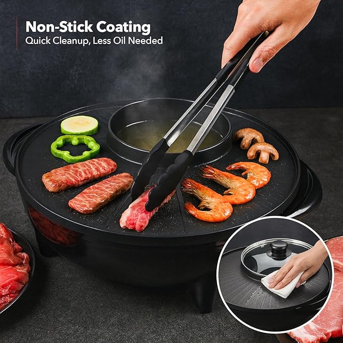 OVENTE Electric Hot Pot and Grill Combo, 2-in-1 Portable Countertop Cooker with Temperature Control Perfect for Korean BBQ, Shabu Shabu and Soup with Free Strainer, Chopsticks and Tong, Black GH10133B
