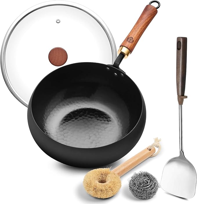 WANGYUANJI 9.5" Carbon Steel Wok - [Heavy-Duty & Thickened Base] - Deep Bowl Stir Fry Pan for Induction, Electric & Gas - Warp-Resistant, Splatter-Free Design with Lid (1-2 Person)