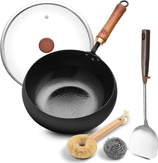WANGYUANJI 9.5" Carbon Steel Wok - [Heavy-Duty & Thickened Base] - Deep Bowl Stir Fry Pan for Induction, Electric & Gas - Warp-Resistant, Splatter-Free Design with Lid (1-2 Person)