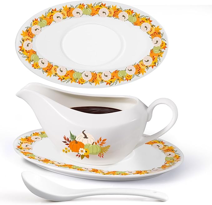 16OZ Thanksgiving Gravy Boat with Ladle and Saucer Ceramic Gravy Boat Thanksgiving Serveware for Salad Dressings, Creamer, Broth, Black Pepper Used at Weddings Parties Christmas or Daily Use