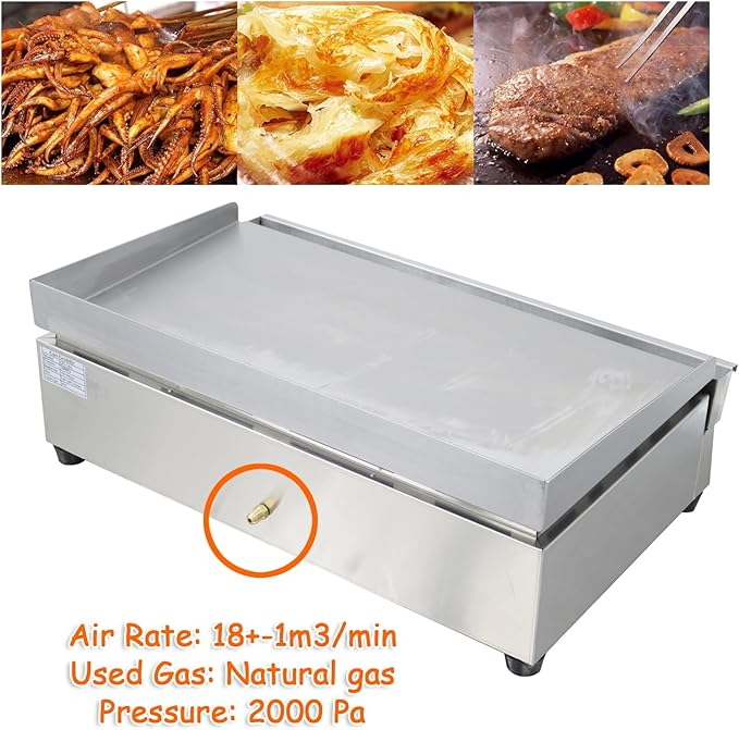 2000Pa Natural Gas Grill Griddle Stainless Steel Countertop Griddle 28.94" x 16.14" Hotplate BBQ Teppanyaki Adjustable Temperature Flat Cooking Griddle Grill for Commercial