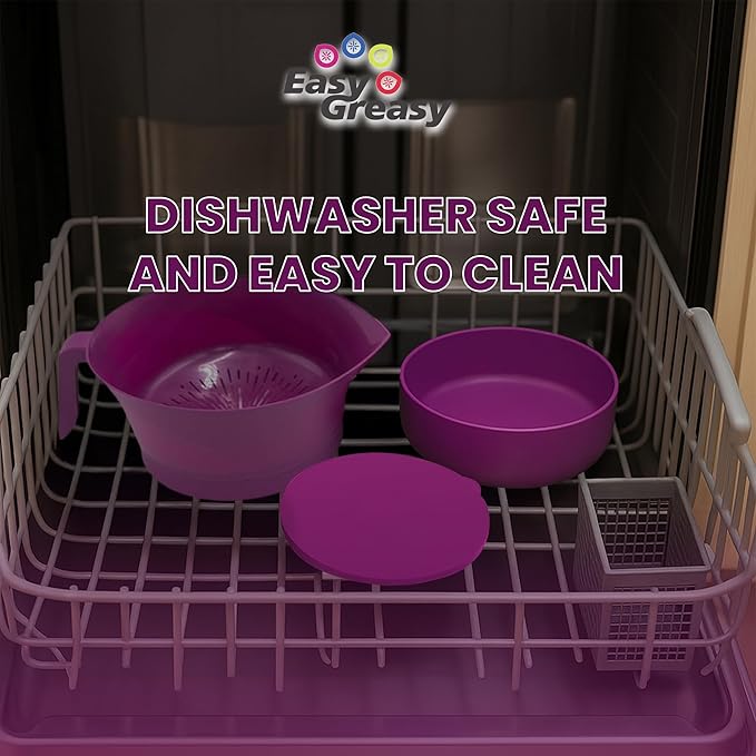 Colander Grease Strainer With Handle And Container, Catch Bowl With Lid 3 Piece Strain Set | Strains Ground Beef, Bacon & Pasta | Safe Kitchen Gadget BPA Free | Made In The USA (Purple)