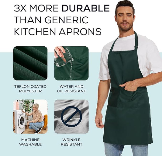 Will Well Kitchen Apron for Men and Women - 33" x 27" Oil-and-Water-Resistant with Adjustable Neck Strap and 38" Waist Ties for a Snug Fit, Lightweight with 2 Front Pockets - 2-Pack, Green
