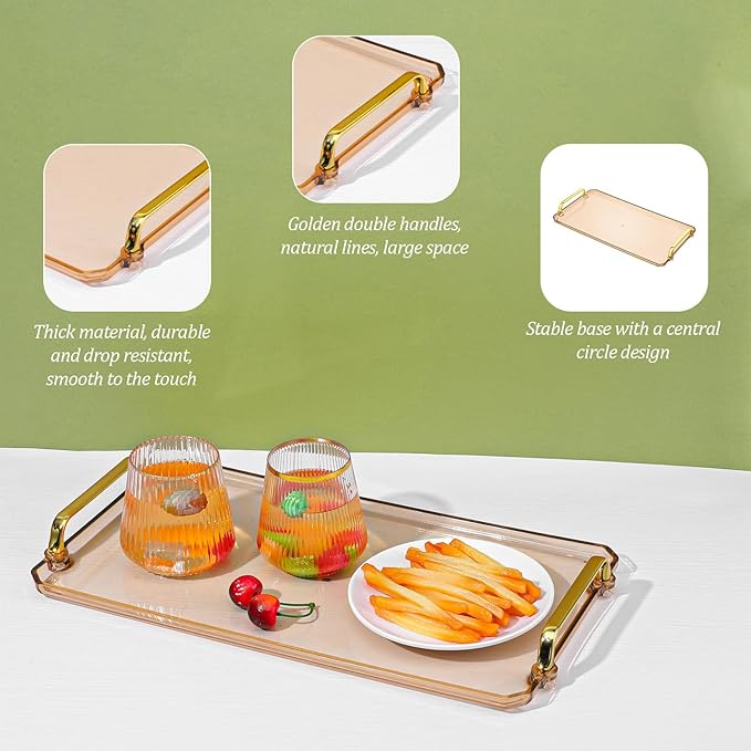 2PCS Serving Tray with Golden Handles, Reusable Plastic Decorative Trays for Party Kitchen Bathroom Dessert Table Cupcake Display, Modern Style Amber Drink Coffee Tea Tray for Countertop
