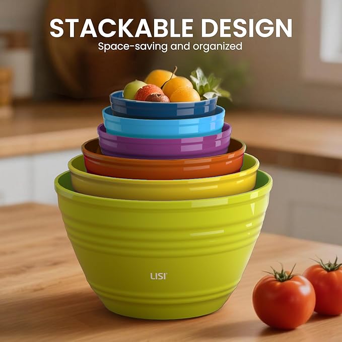 LISI 6 Pack Mixing Bowl Set with Lids, Plastic Bowls for Kitchen, Nesting Salad & Meal Prep Bowls, BPA-Free, Large Storage Bowl with Airtight Lids