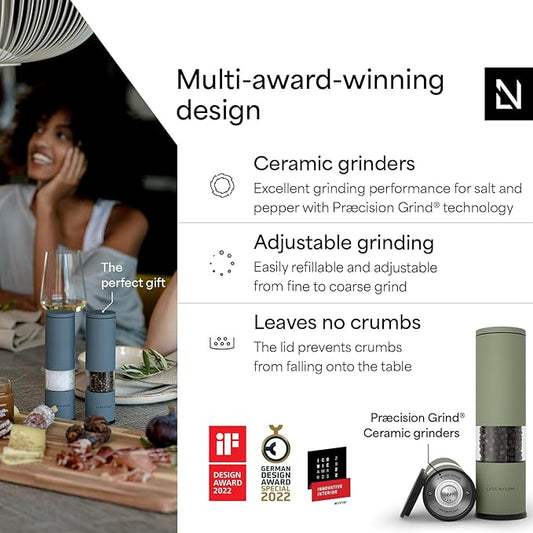 LARS NYSØM Salt and Pepper Grinder Set Manual, Stainless Steel Salt and Pepper Mills with Adjustable Ceramic Grinder I Design Spice Shakers (Sage Green)