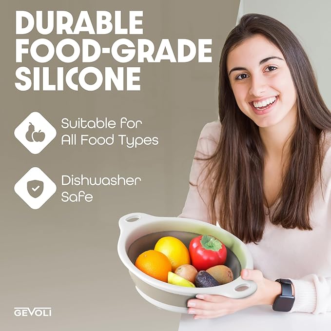Collapsible Colanders (3 Pack Set) Food Strainers with Over-Sink Water Draining Base for Pasta Fruits and Vegetables, White/Beige (3 Sizes, 3QT, 4QT and 5 Quart)