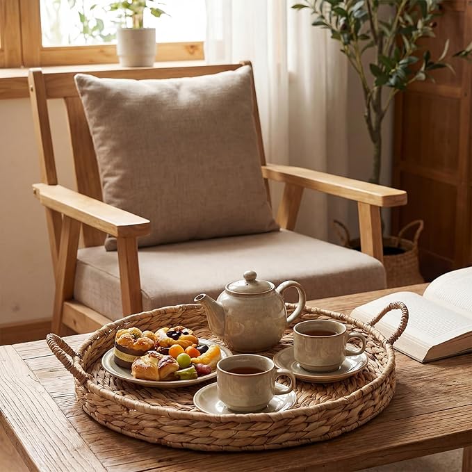 Round Woven Hyacinth Serving Tray with Handles Rattan Decorative Storage Basket for Fruit Arts Crafts Breakfast Coffee Table Dining, 1.97 x 21.65 Inches