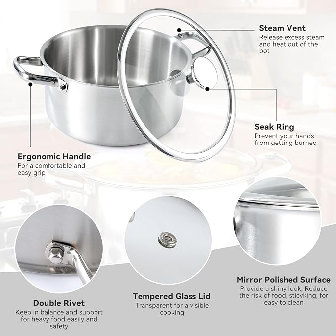 ODPFTY 6QT Stainless Steel Stock Pot with Encapsulated Bottom & Lid - Professional Soup Pot - Nonstick Thick Bottom Stockpot for Cooking, Stewing, and Canning, Dishwasher Safe