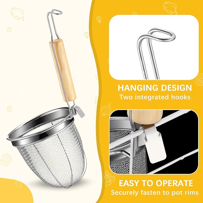 Patelai 4 Pcs Pasta Strainer Basket 5.5"x5.5" Stainless Steel Noodle Strainer with Wood Handle Kitchen Round Base Mesh Spider Basket Skimmer Food for Pasta, Ramen, Dumplings, and Deep-fried Foods