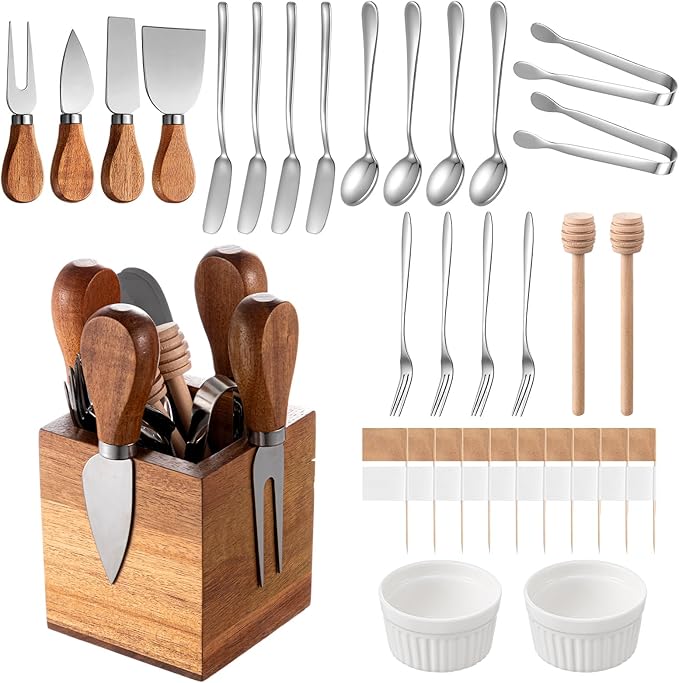 Hushee 42 Pcs Charcuterie Boards Accessories with Magnetic Acacia Wood Holder Wooden Cheese Knife Set for Wood Handle Butter Knives for Cheese Knife Slicer with Tongs, Spoons, Forks, Honey Dipper