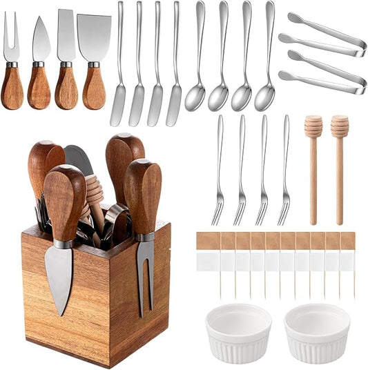 Hushee 42 Pcs Charcuterie Boards Accessories with Magnetic Acacia Wood Holder Wooden Cheese Knife Set for Wood Handle Butter Knives for Cheese Knife Slicer with Tongs, Spoons, Forks, Honey Dipper