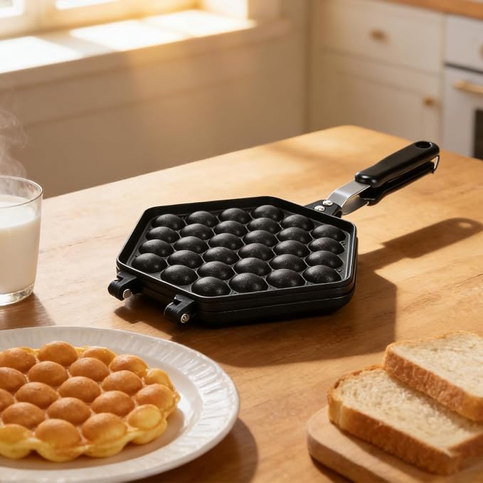 Bubble Waffle Pan, Cast Aluminum Non Stick Stovetop Maker with Cool Touch Handles for Home Use, Gas Stove Compatible Waffle Iron for Cafe Party and Teahouse