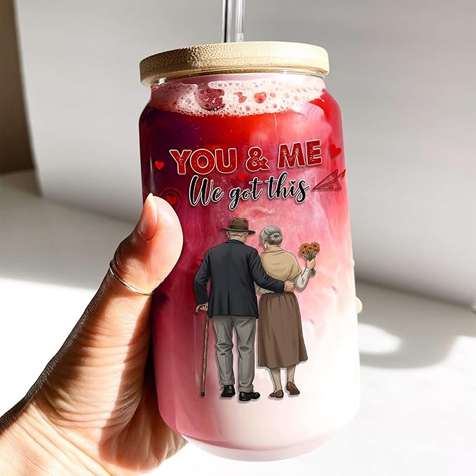16 Oz Glass Cups with Lids and Straws You and Me We Got This Iced Coffee Cup Couple Glass Drinking Jar Beer Soda Tea Cocktail Wedding Anniversary Valentines Gift for Him Her Spouses Love