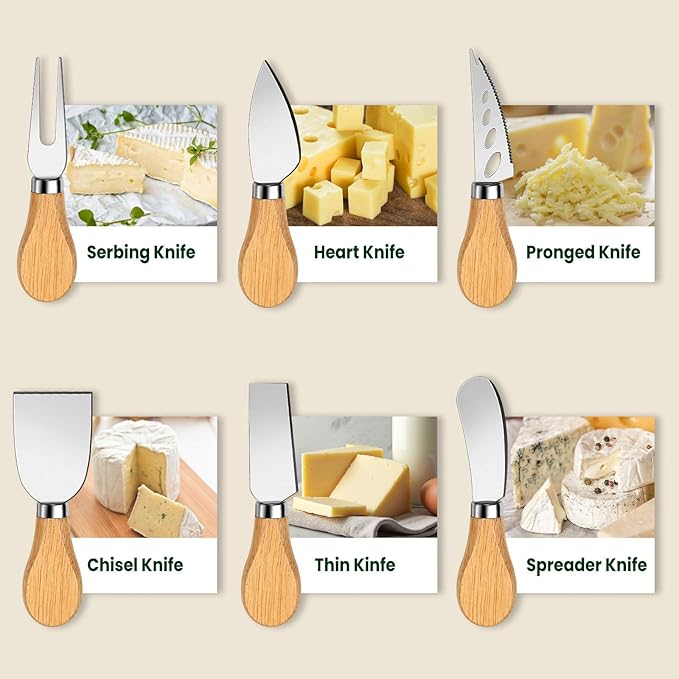 42 pcs Charcuterie Boards Accessories, Cheese Knife Set with Wooden Handle, Cheese Spreaders, Forks, Spoons, Tongs, Honey Dippers and Toothpick Flags