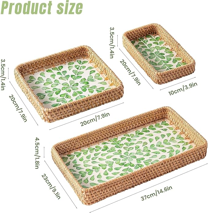 Rattan Serving Tray with Mother of Pearl Inlay,Set of 3 Wicker Serving Tray Boho,Hand-Woven from Natural Rattan, Serving Baskets for Home Decor and Coffee Table Decor (Sunlit Floral Mosaic)