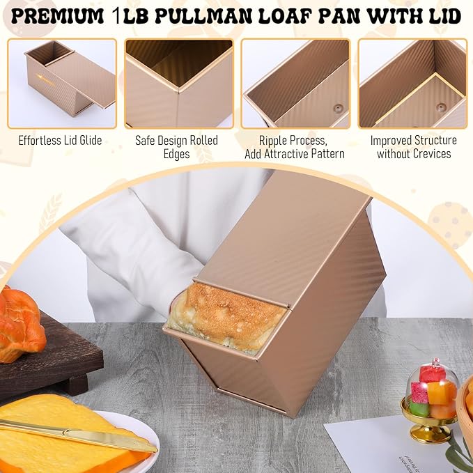 Tobeelec 2 Pcs Pullman Loaf Pan with Lid, Non-Stick Rose Gold Bread Loaf Pans for Homemade Bread 1 lb Carbon Steel Bread Toast Box with Cover for Bakeware Bread Toast Oven Baking