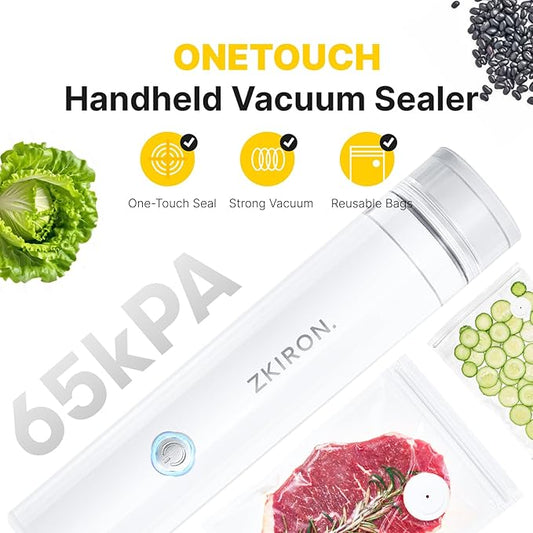 OneTouch Handheld Vacuum Sealer with 12 Reusable Vacuum Bags – Compact Food Sealer with Detachable Transparent Suction for Sous Vide, Meal Prep & Kitchen Storage, Portable Food Saver
