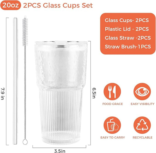 2PCS 20oz Glass Cups with Lids and Straws, Iced Coffee Cups with Lids, Stylish Ribbed Thick Drinking Glasses Tumbler for Juice, Smoothies, Cold Beverages, Cute Cup Gifts with Clean Brush