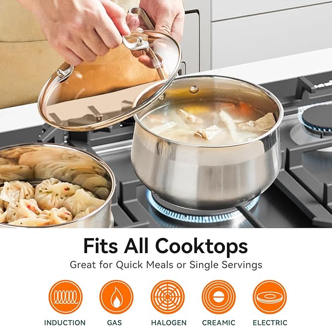 WANGYUANJI 2.5 Quart Stainless Steel Saucepan with Steamer Insert, 2-in-1 Sauce Pot with Lid & Steamer Basket, Tri-Ply Bottom Induction Cookware for Boiling, Soup, Milk, Silver