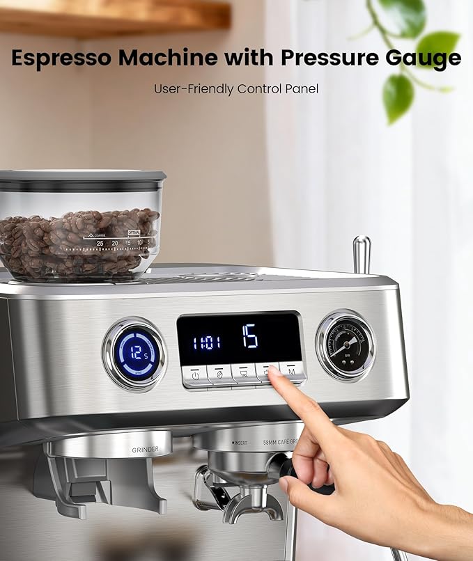 COWSAR Dual Boiler Espresso Machine with Grinder, 20 Bar Espresso Machines with Milk Frother, Espresso Maker with Removable Water Tank, Commercial Expresso Coffee Machines, Brushed Stainless Steel
