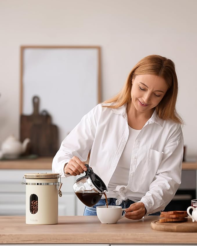 Veken Coffee Sugar Canister with Window, Easter Gifts Airtight Stainless Steel Container with Lids, Home Kitchen Food Storage Jars for Grounds, Beans, Tea, Flour, Cereal, Basket, Scoop, 22OZ, Cream