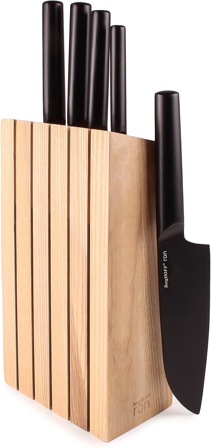 BergHOFF Ron 5Pc Non-stick Kitchen Knife And Wood Block Ergonomically Designed Handle Double-coated Titanium Sharp & Well Balanced Seamless Transition