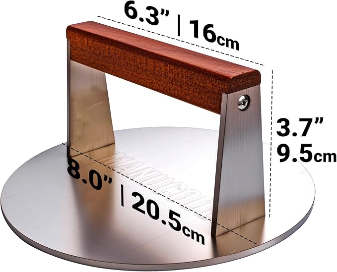 Manucode Smash Burger Press 8 Inch, 3.1 Lb Burger Smasher, Heatable for Searing Panini, Steak, Chicken, Salmon, Stainless Steel Bacon Press, Flat Bottom, Seasoning Free, Wooden Handle No Spin