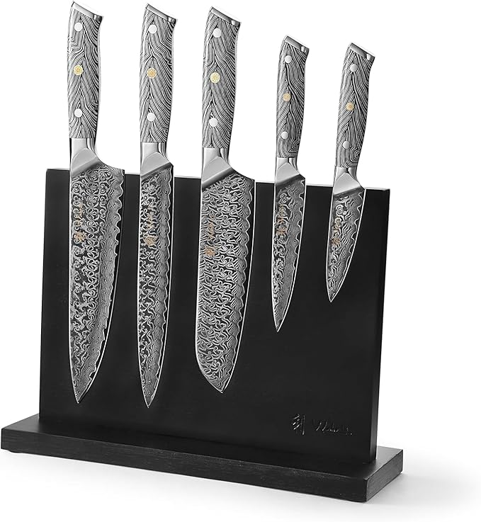 Wakoli Noir Blanc Damascus Knife Block Set – 5-Piece Professional Chef Knife Collection with Magnetic Block – Kitchen Knives made of 67-Layer Damascus Steel Blades & Ergonomic G10 Handles in Gift Box