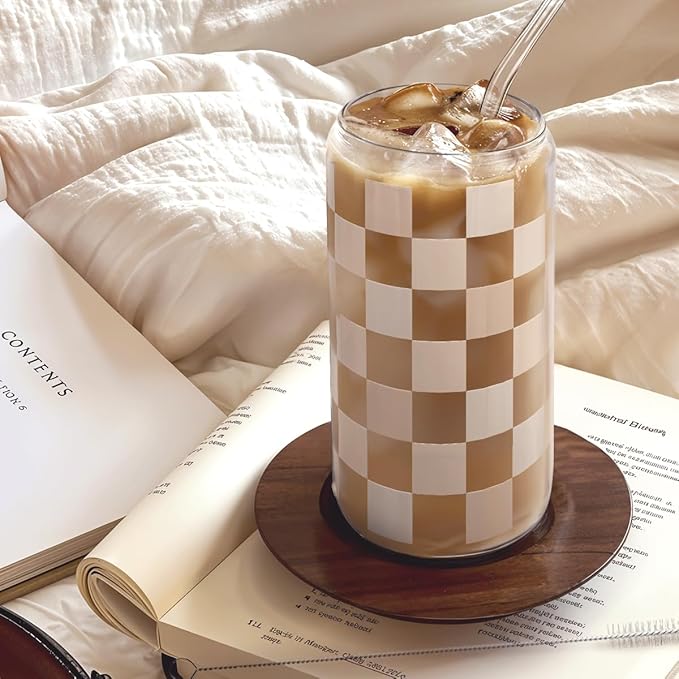 Checkerboard Glass Can, Beige Checker Cup with Lid & Straw, Iced Coffee Aesthetic Cups, Gift for Christmas Birthday Mother Day, Gifts for Women, 16oz