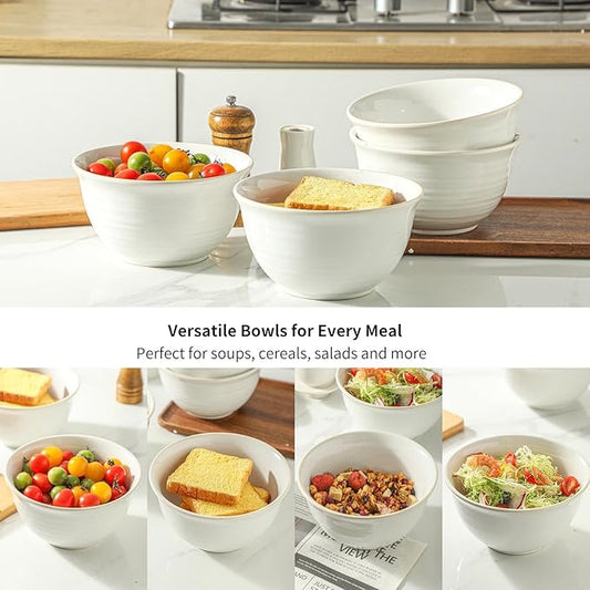 Soup Bowls, 40 Ounce Serving Bowls for Cereal Soup Salad Pasta Popcorn Oatmeal Breakfast, Durable Deep Ceramic Bowl Sets Suit For Housewarming, Microwave Safe & Dishwasher Safe, Arctic white