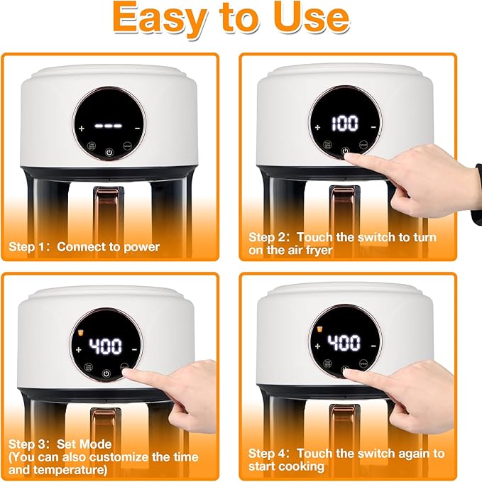 GYMODE 4.7QT Glass Air Fryer, 360° Viewable Glass Air Fryer Non Toxic, 6-IN-1 Preset Cook Modes, Digital Display, Adjustable Temp 100F - 400F, Nonstick, Dishwasher Safe, White