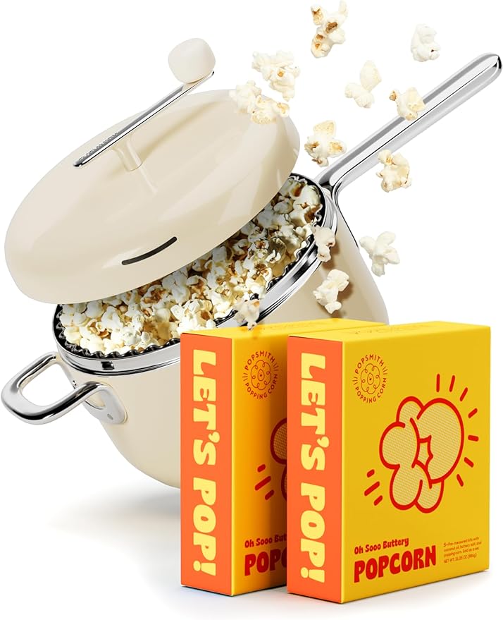 Popsmith Starter Bundle in Cream - 6 Quart Stovetop Popcorn Machine with 10 Movie Theater Buttery Popcorn Kits - Stainless Steel Popcorn Maker Compatible with All Stovetops