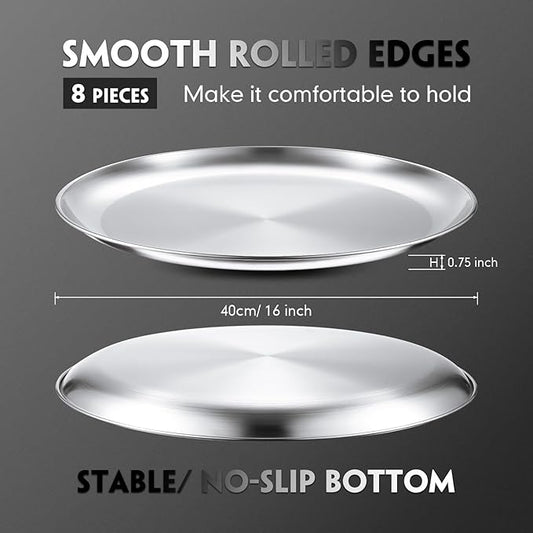 Thenshop 8 Pieces 16 Inch Pizza Pans Bulk Stainless Steel Sets Round Bakeware Pizza Trays for Oven Kitchen Baking Home Restaurant Safe Sturdy Reusable Easy Clean(Matte Silver)