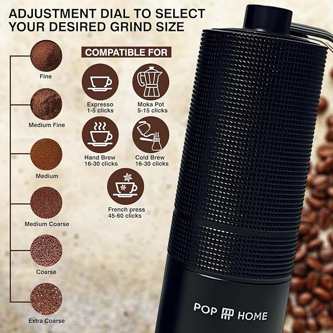 Pop and Party Manual Coffee Grinder - Stainless Steel Conical Burr Hand Mill for Espresso & French Press - Adjustable & Portable