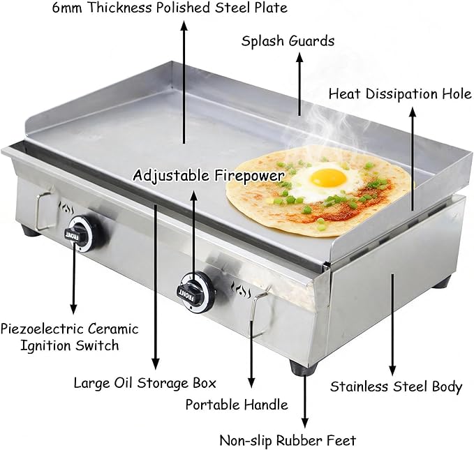 2000Pa Natural Gas Grill Griddle Stainless Steel Countertop Griddle 28.94" x 16.14" Hotplate BBQ Teppanyaki Adjustable Temperature Flat Cooking Griddle Grill for Commercial