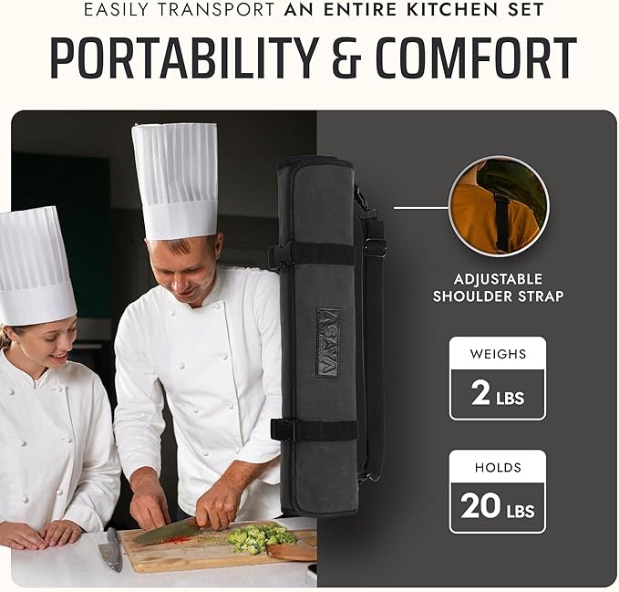 Asaya Canvas Chef Knife Roll Bag - 10 Knife Slots and a Large Zipper Pocket - Durable 10oz Canvas Knife Case with an Adjustable Shoulder Strap - Knives not Included