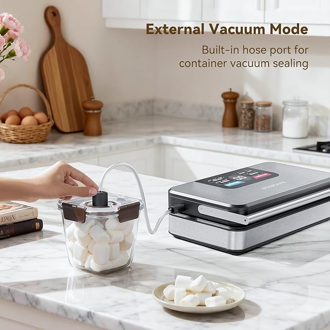 95kPa Powerful Vacuum Sealer for Food, Fully Automatic 10-in-1 Vacuum Sealer Machine with Easy Handle, Built-in Cutter & Roll Storage, Digital Countdown Display, Premium Stainless Steel Design