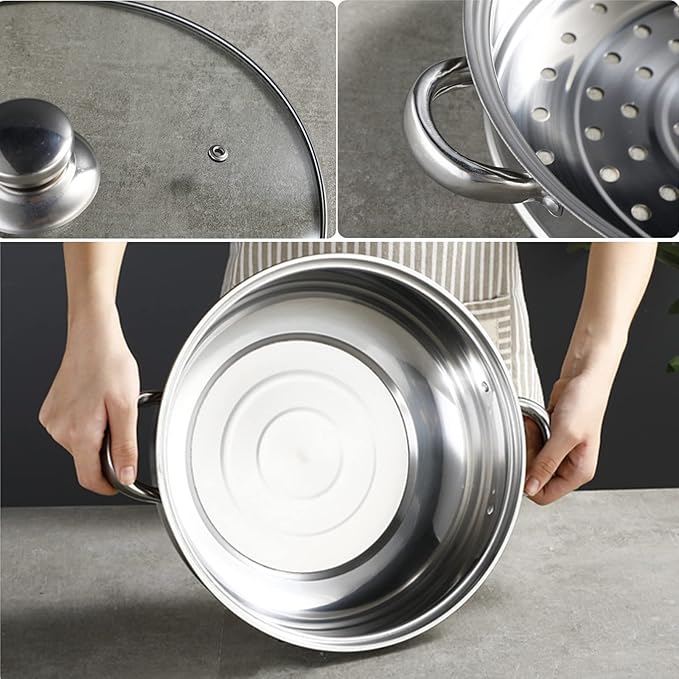 4 Piece Stainless Steel Steamer Pot Set with Glass Lid and handle,for Steamer Cooking,Casserole,Saucepan (4 layer)