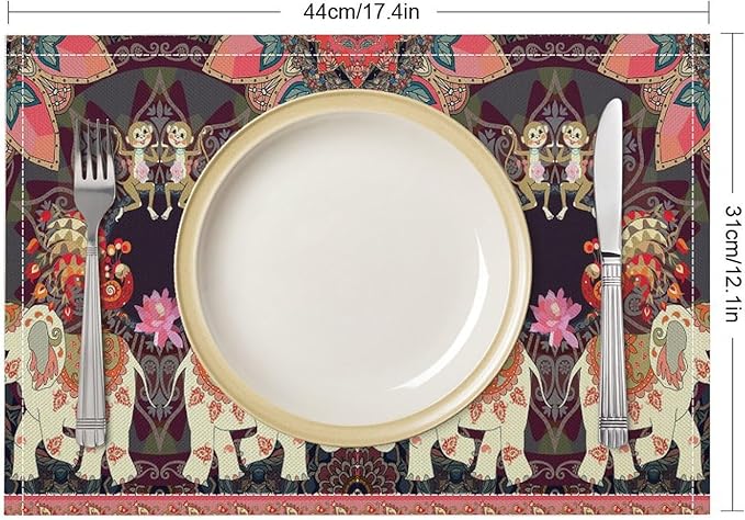 Boho Mandala Placemats Set of 4 Indian Ethnic Elephant Art Printed Dining Table Mats for Restaurant Home Kitchen Holiday Picnic Party Decor 12x18in